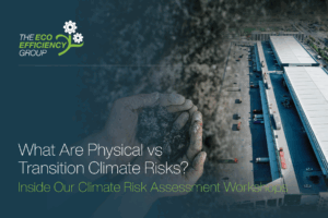 Climate risk visual showing dirty hands holding coal contrasted with a commercial facility, illustrating the impact of physical vs. transition climate risks